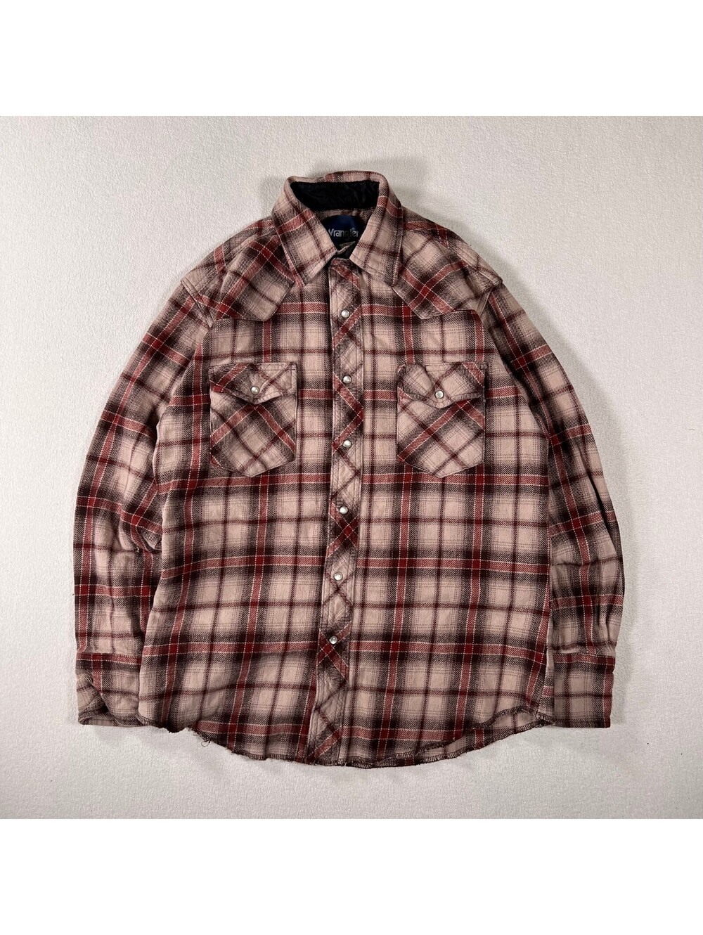 Vintage Wrangler Men's Medium Brown Red Plaid Cotton Western Pearl Snap Shirt